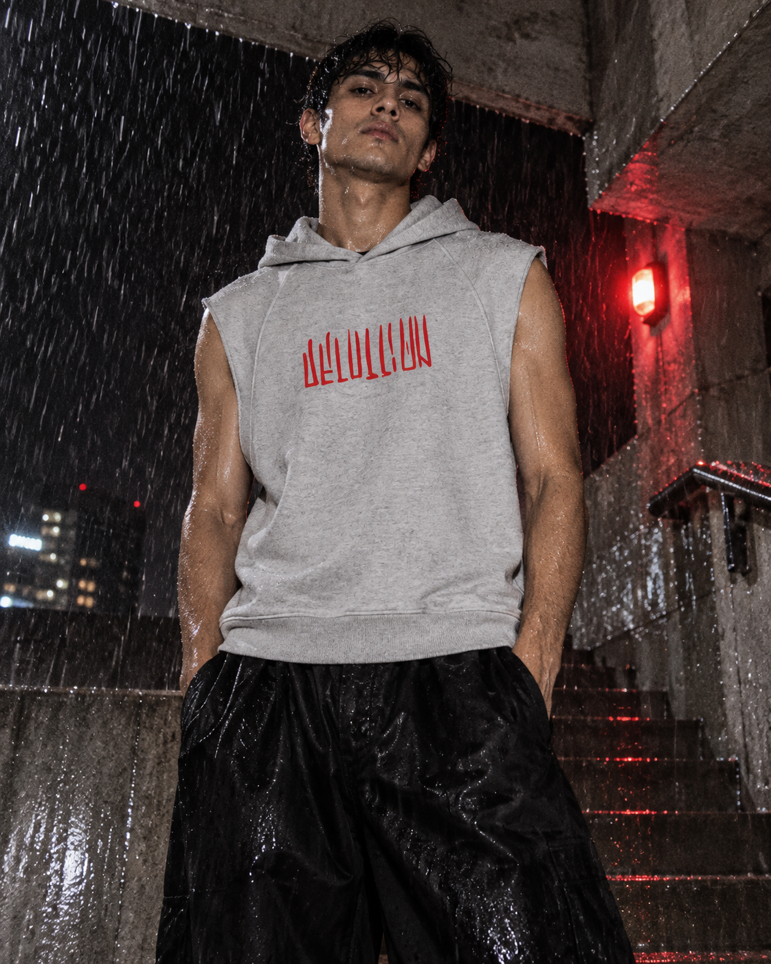 Bleached Signal Sleeveless Hoodie — DELUSSION editorial