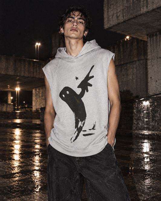 Grey Mutation Sleeveless Hoodie — DELUSSION editorial