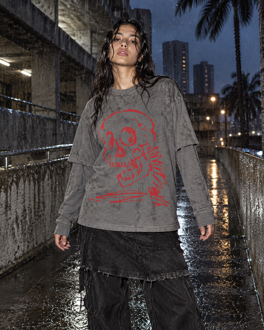 Red Relic Layered Long Sleeve T-Shirt — DELUSSION editorial